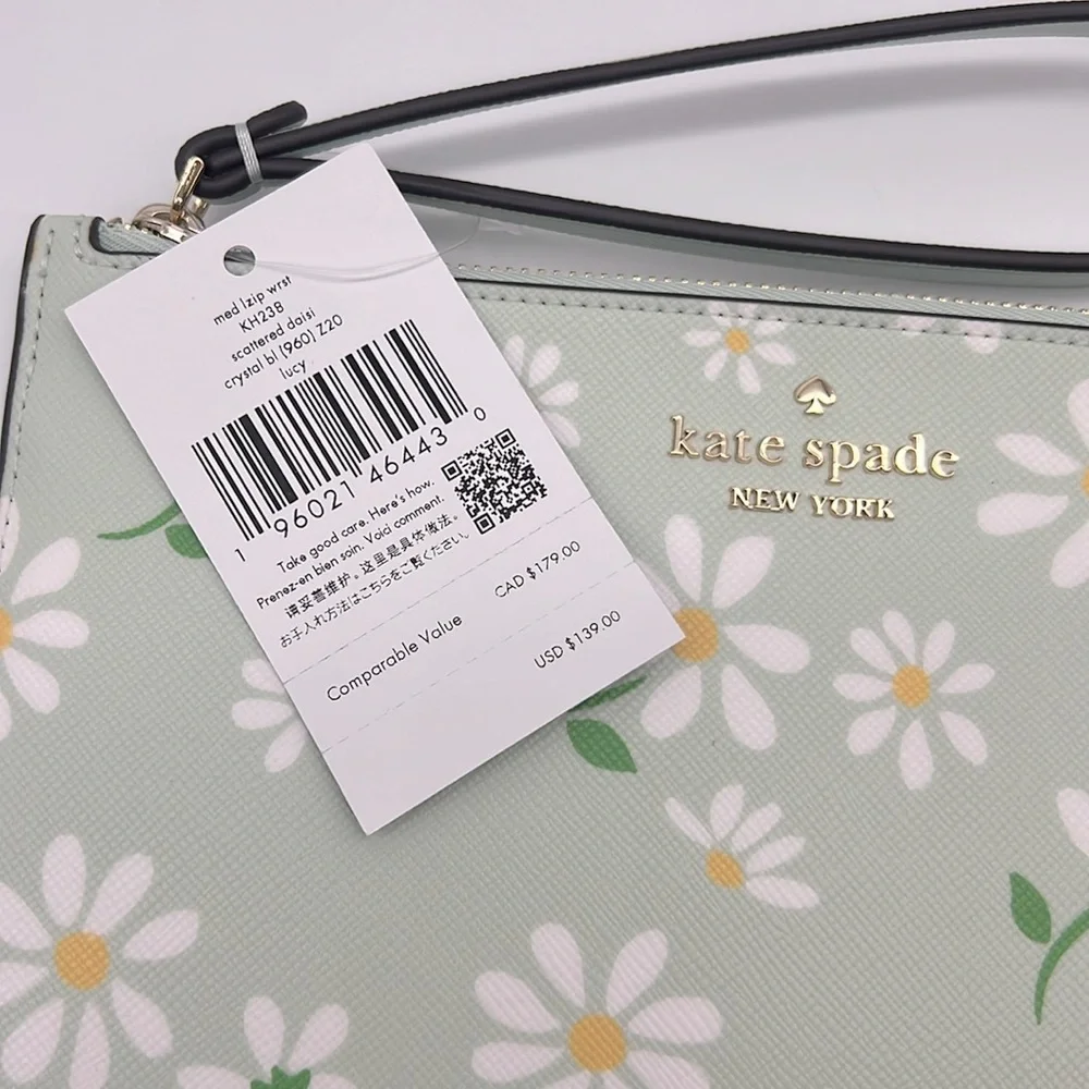 Kate Spade Lucy Day Tripper Daisy Medium L-Zip Wristlet Green White - Picture 9 of 12